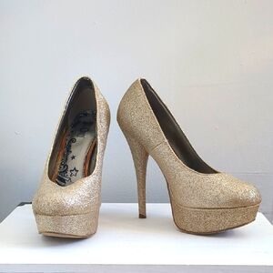 Glitter Gold Platform Heels Pumps Size 6